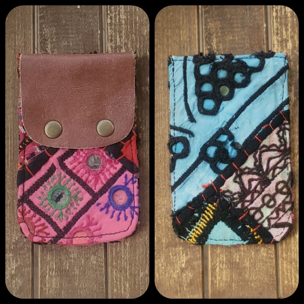 🧠🍳 Free People Boho Embroidered Repurposed vtg banjara hippie Wallet card case